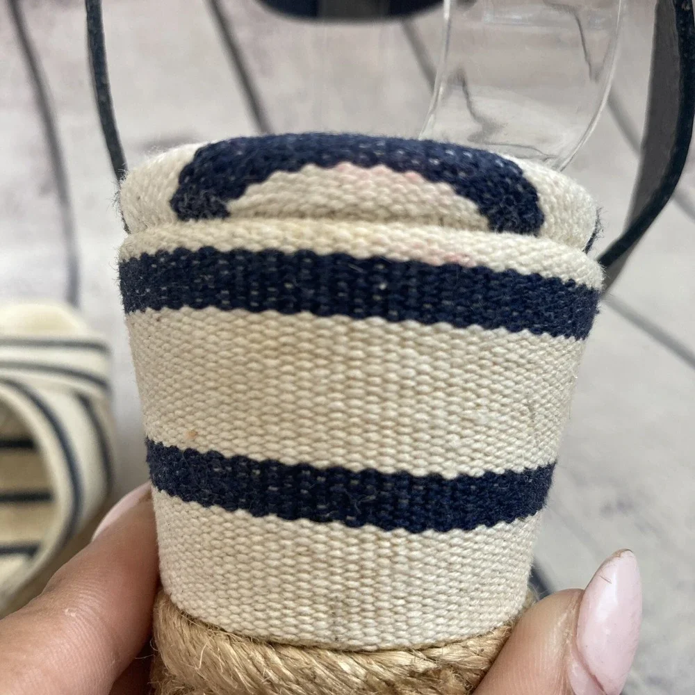 Tory Burch Sandal Women sz 10B Leather Striped Espadrille Blue Ivory Ankle Strap